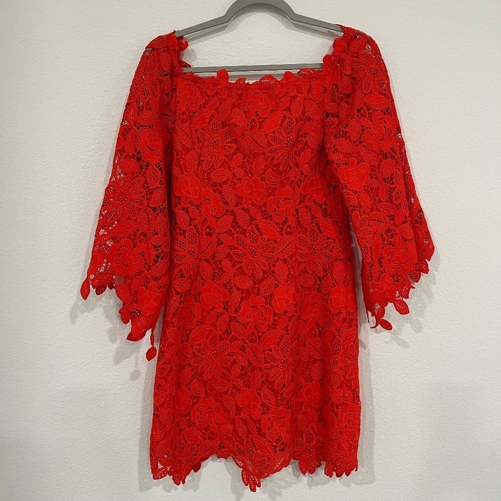 NWT FREE PEOPLE | Dusk Off The Shoulder Lace Dress in Fiesta Red | Size 8 - Picture 7 of 11